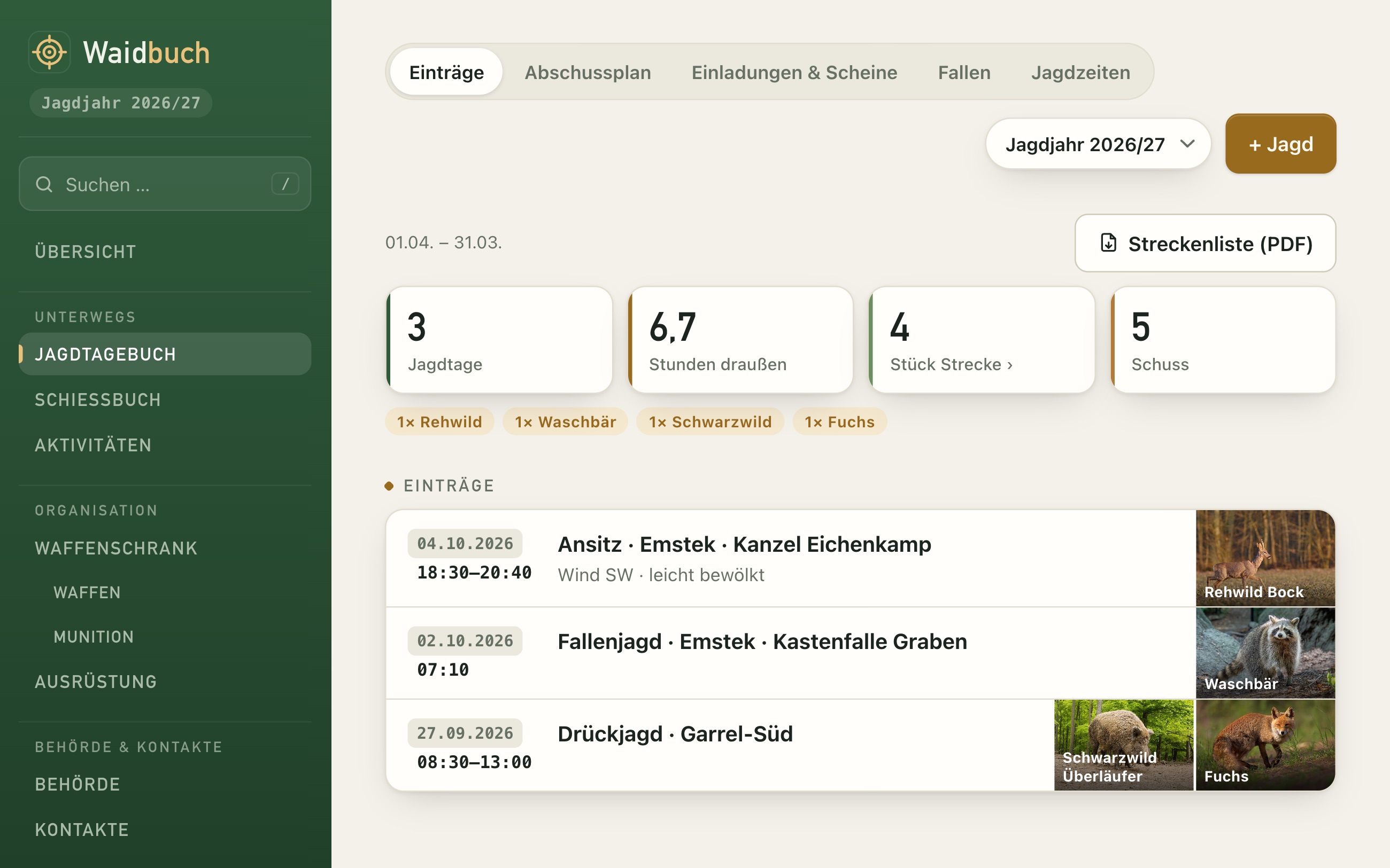 Jagdtagebuch mit Einträgen und Tierbildern