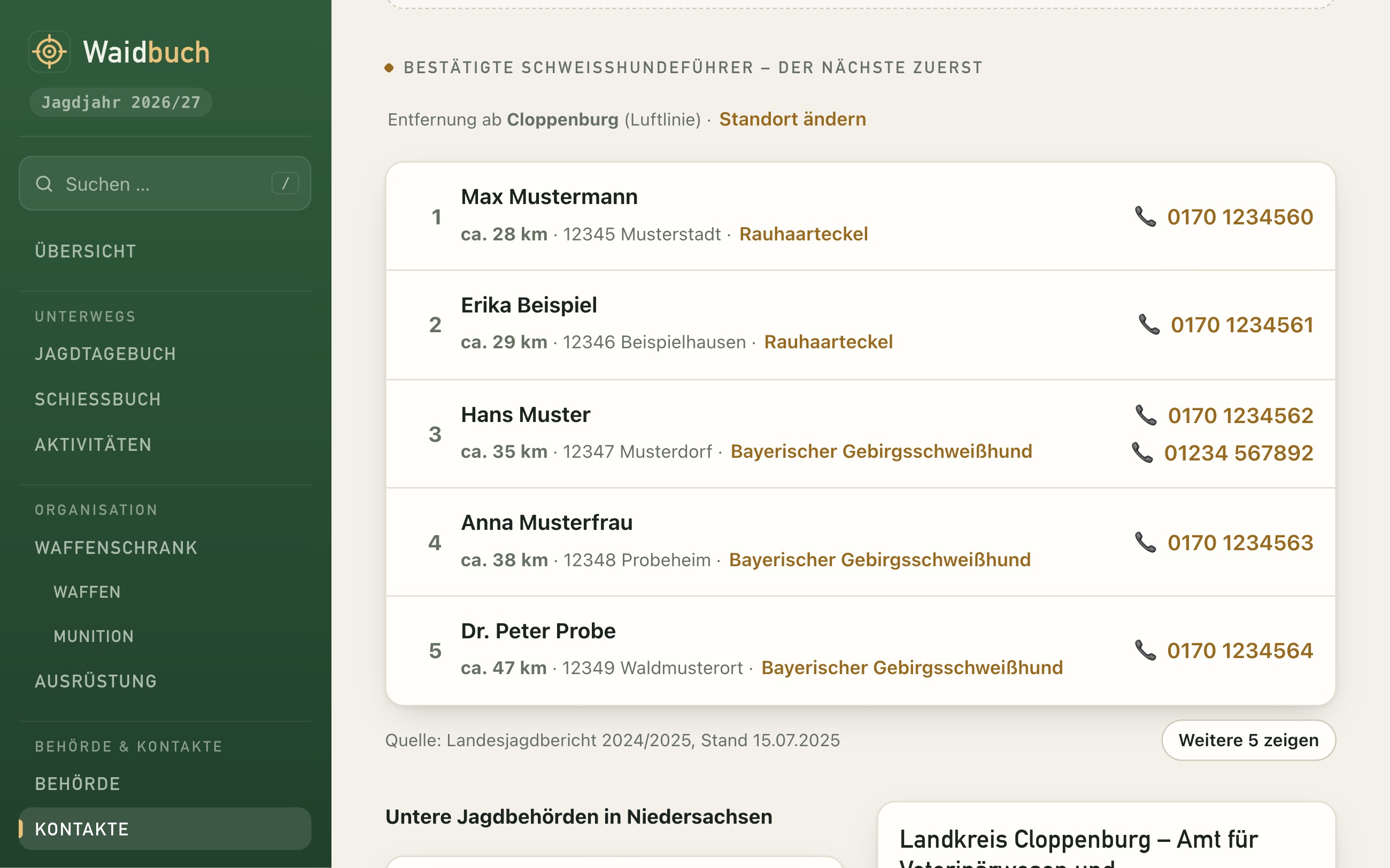 Kontakte als Telefonbuch und Schweißhundführer nach Entfernung