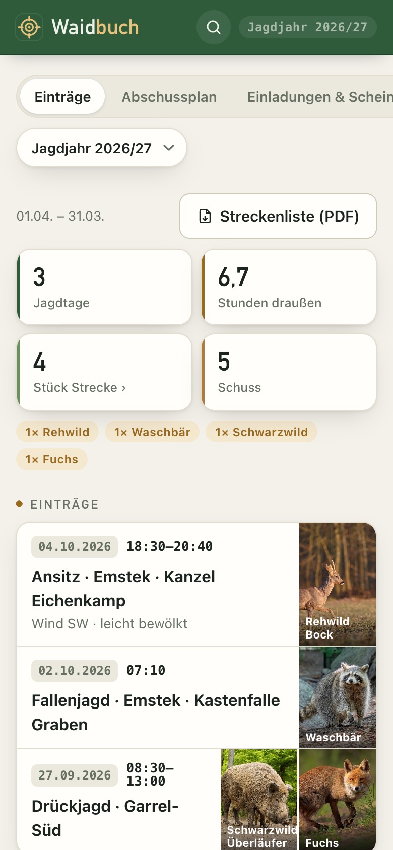 Jagdtagebuch auf dem Handy mit Tierbildern zur Strecke