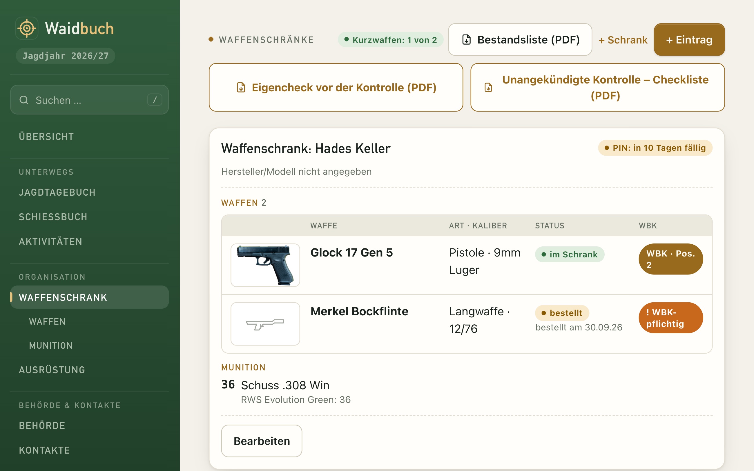 Waffenschrank mit Waffentabelle, Status und WBK