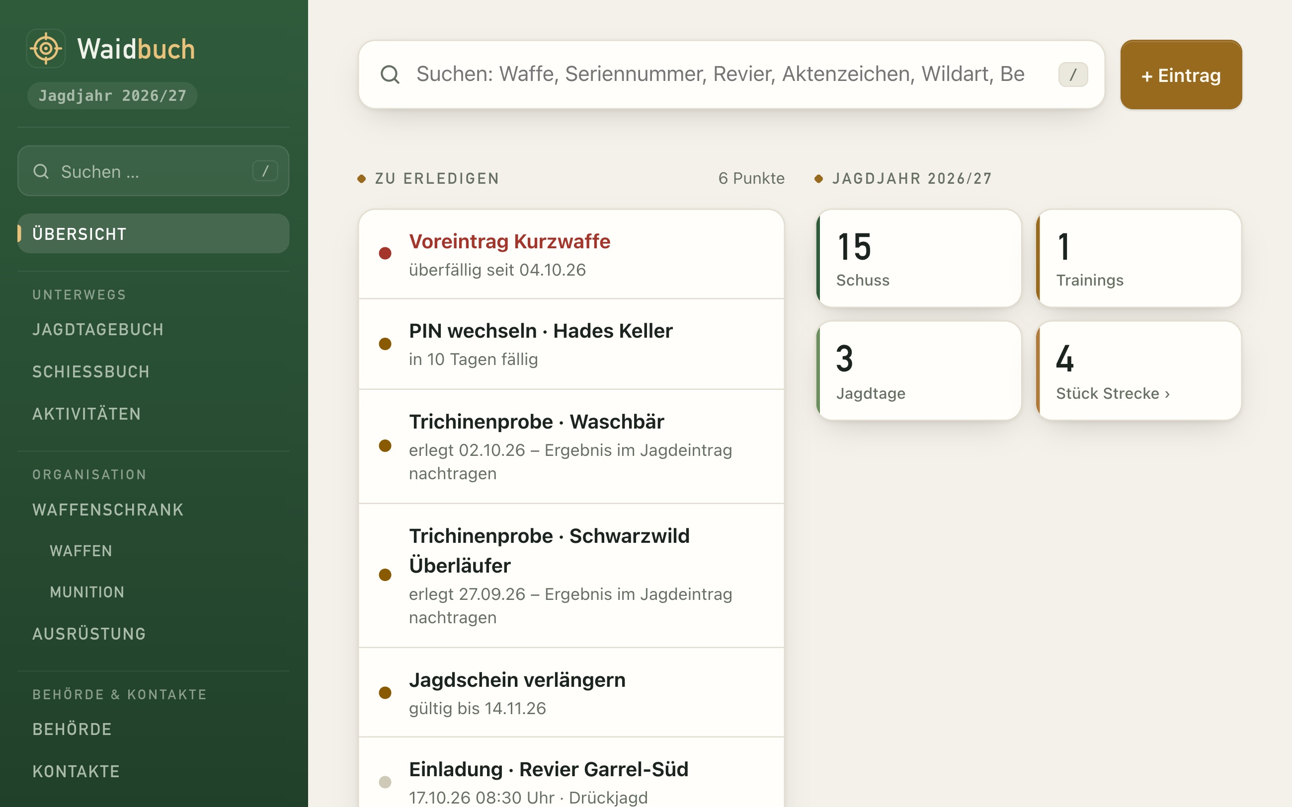 Übersicht im Waidbuch: Zu erledigen, Jagdjahr in Zahlen, Licht heute